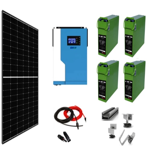 Sistem solar off grid complet 5 KW instalat panouri fotovoltaice, cu baterii 190Ah si invertor HIBRID de 5,5 kw continuu/11 kw varf pe 48V, panou solar, casa, cabana, containere